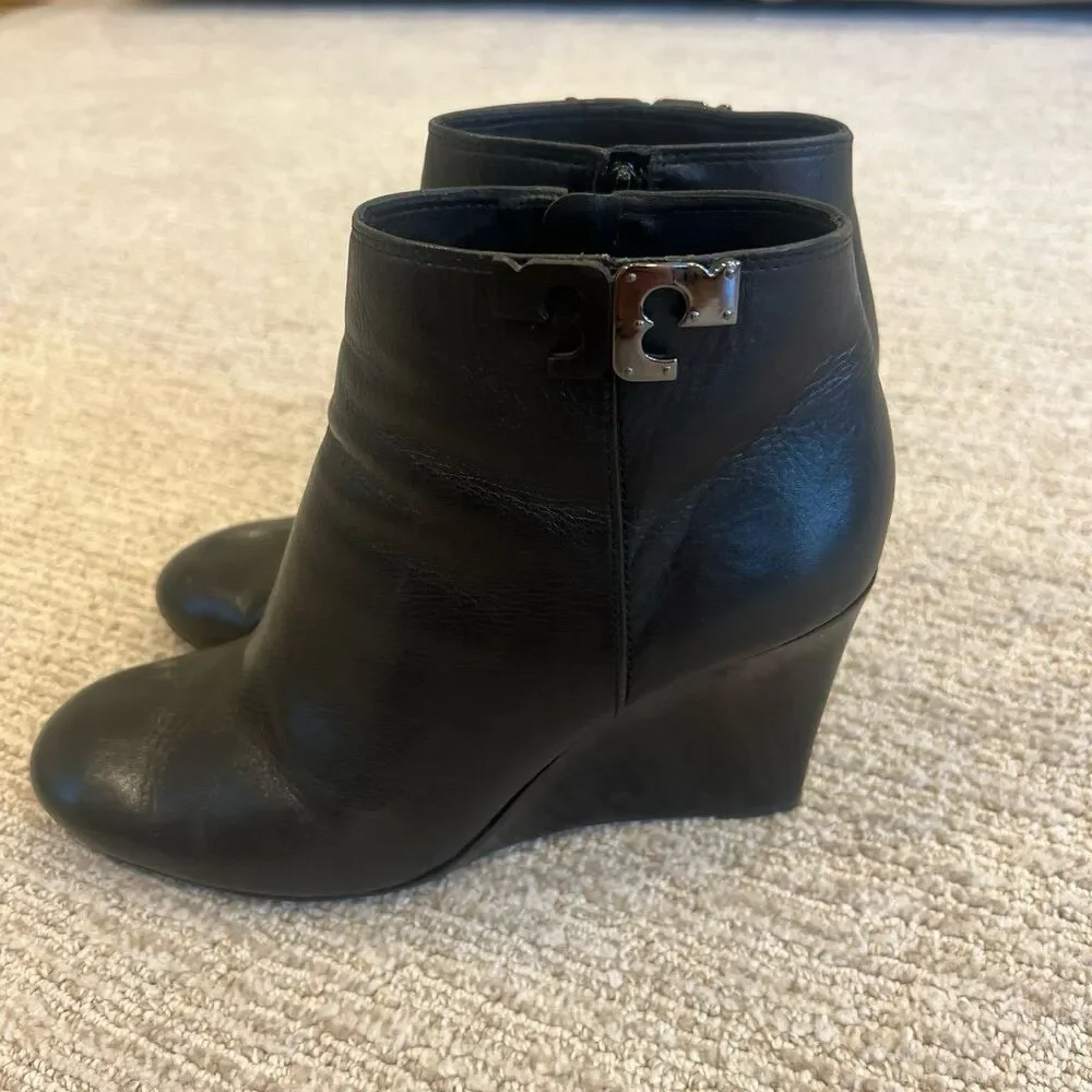 Tory Burch Lowell Black Leather Wedge Ankle Boots Booties Size 9.5